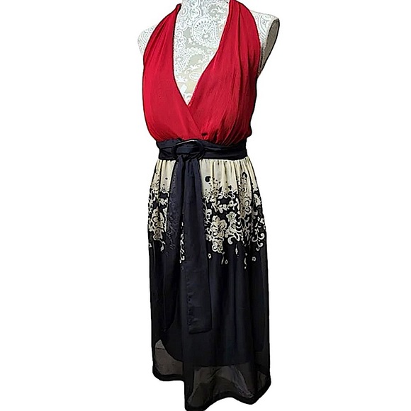 Jonathan Martin size 10 dress black cream floral design on bottom red tie top - Picture 1 of 15